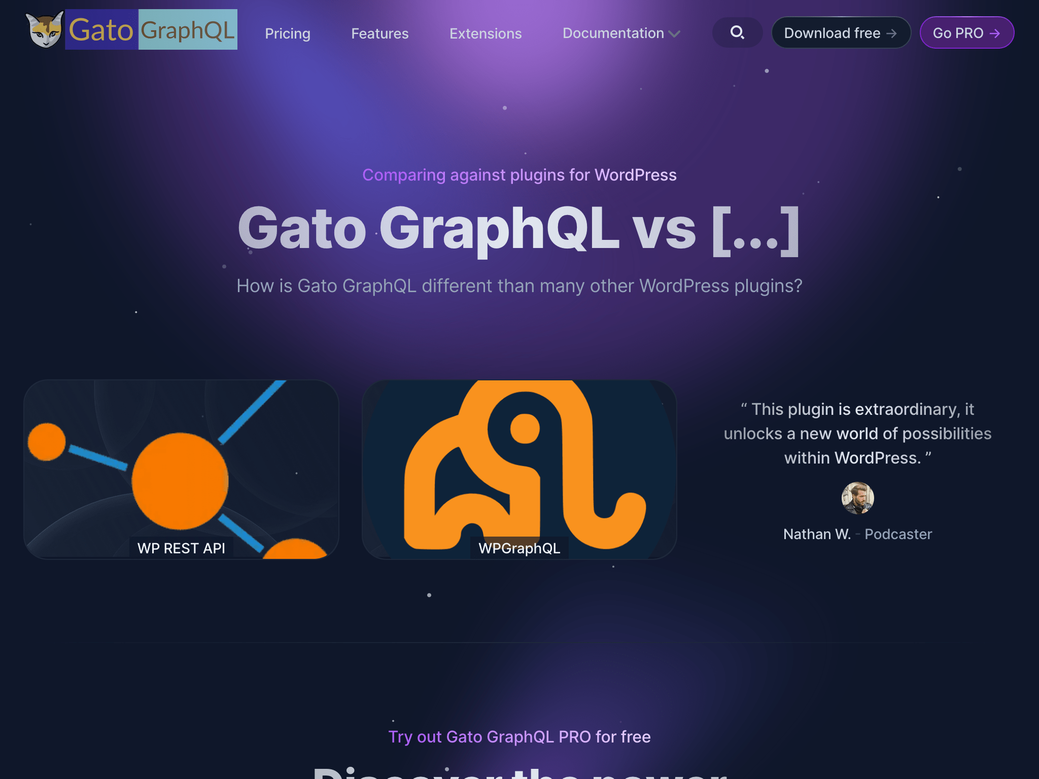 Comparisons page in the Gato GraphQL's new website